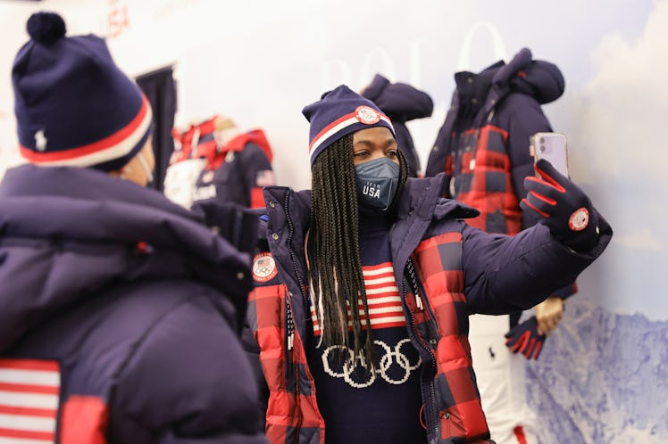 Olympian Maame Biney gets fitted in Polo Ralph Lauren ahead and takes a selfie to post with Olympic ...