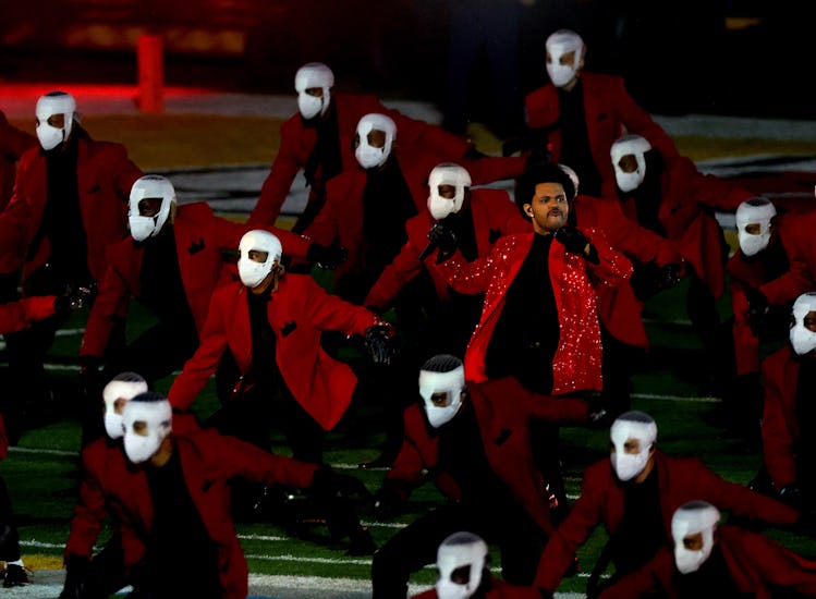 TAMPA, FLORIDA - FEBRUARY 07: The Weeknd performs during the Pepsi Super Bowl LV Halftime Show at Ra...