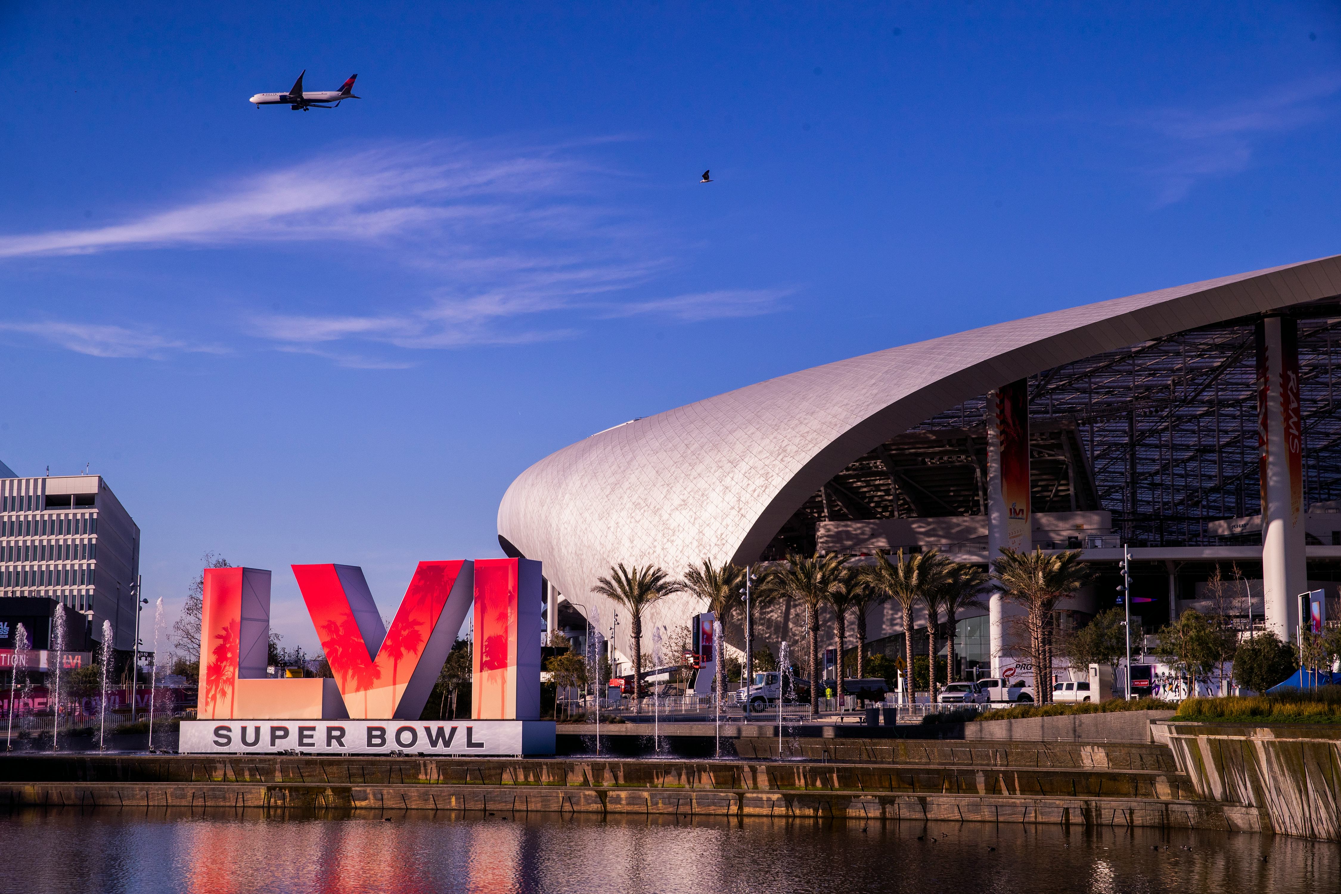 Los Angeles, CA - February 09: Workers make last minute preparations for the Super Bowl as viewed fr...