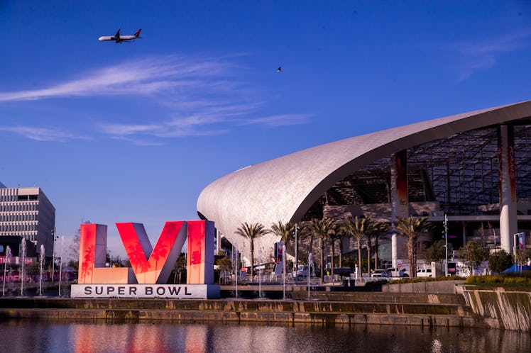 Los Angeles, CA - February 09: Workers make last minute preparations for the Super Bowl as viewed fr...