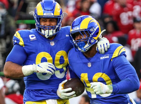 Rams defensive lineman Aaron Donald celebrates after teammate Von Miller strip sacked Bucs quarterba...