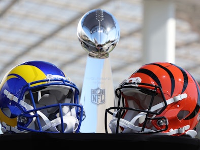 INGLEWOOD, CALIFORNIA - FEBRUARY 09: Helmets of the Los Angeles Rams and Cincinnati Bengals sit in f...