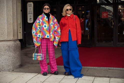 STOCKHOLM, SWEDEN - FEBRUARY 09: Linn Eklund wearing pink wide Chanel pants, colourful oversized jac...