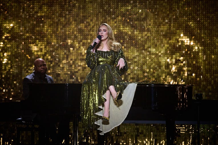 LONDON, ENGLAND - FEBRUARY 08: EDITORIAL USE ONLY Adele performs on stage during The BRIT Awards 202...
