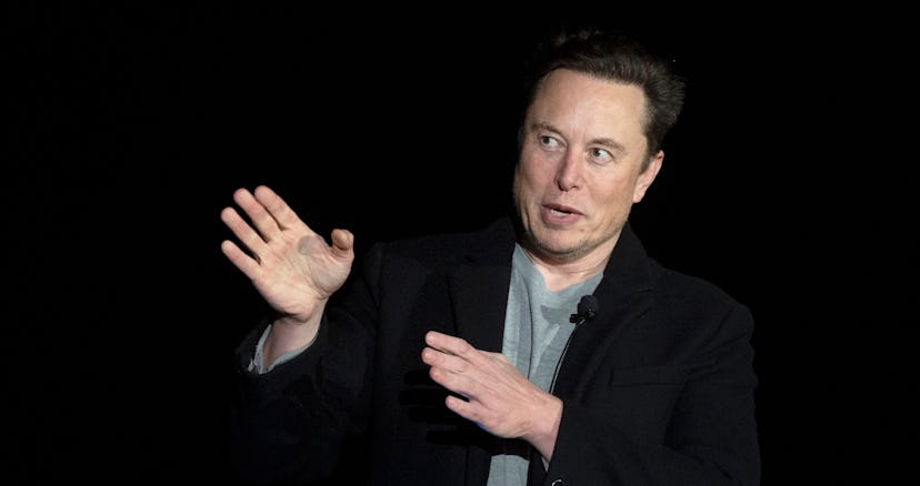 Elon Musk gestures as he speaks during a press conference at SpaceX's Starbase facility near Boca Ch...