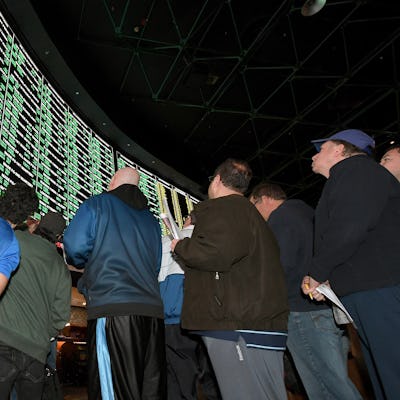 LAS VEGAS, NV - JANUARY 26:  Bettors line up to place wagers after more than 400 proposition bets fo...