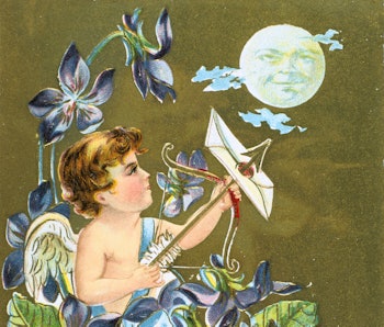Cupid shooting an arrow carrying a love letter, 1908. American Valentine card. He stands by a red he...