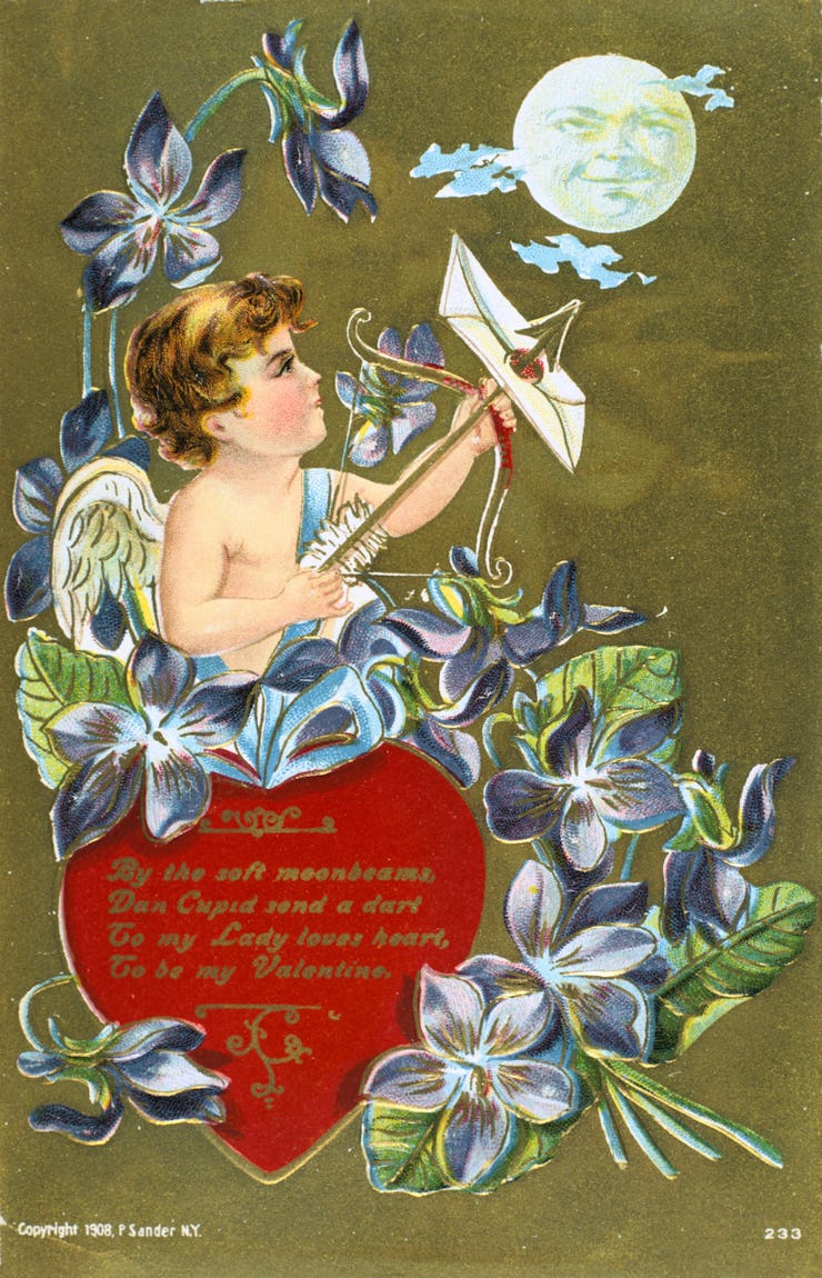 Cupid shooting an arrow carrying a love letter, 1908. American Valentine card. He stands by a red he...