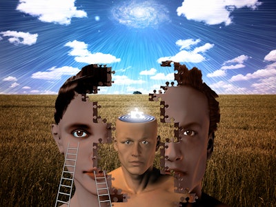 Collage of three illustrated human heads and a grass field