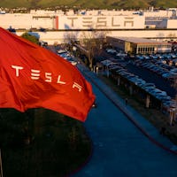 An aerial view shows the Tesla Fremont Factory in Fremont, California on February 10, 2022. - Califo...