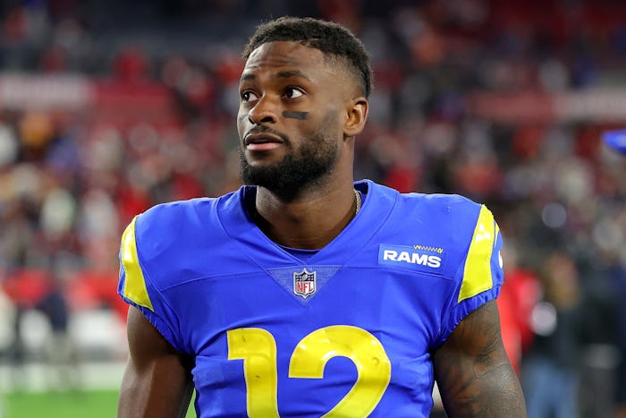 TAMPA, FLORIDA - JANUARY 23: Van Jefferson #12 of the Los Angeles Rams reacts after defeating the Ta...