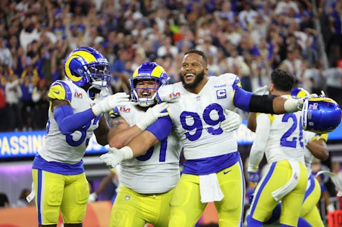 Los Angeles Rams defensive end Aaron Donald (99) celebrates his sack of Cincinnati Bengals quarterba...