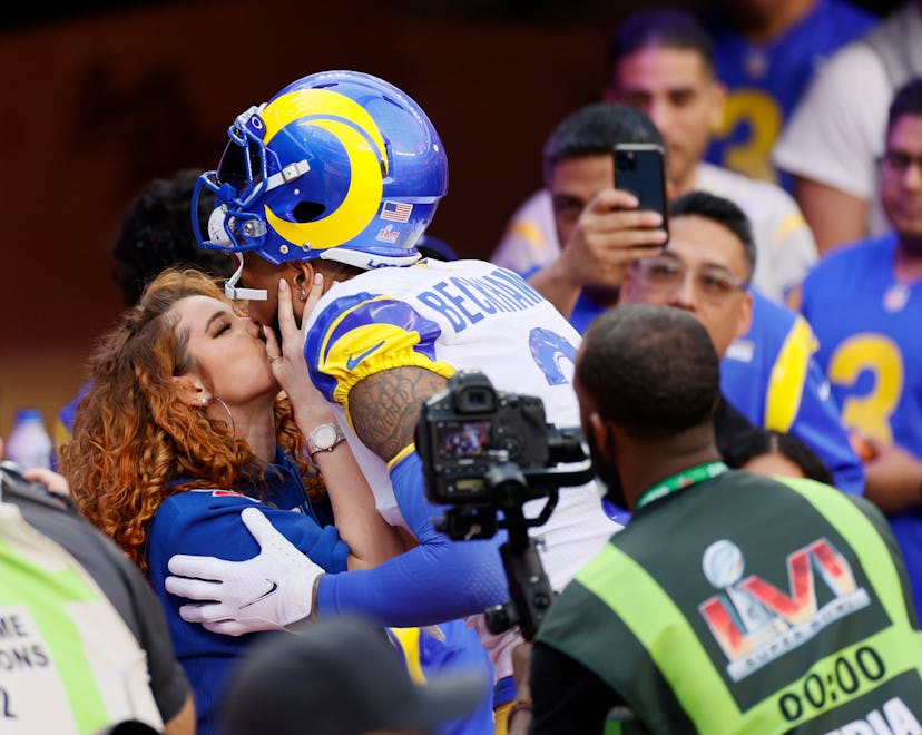INGLEWOOD, CALIFORNIA - FEBRUARY 13: Odell Beckham Jr. #3 of the Los Angeles Rams reacts with his gi...