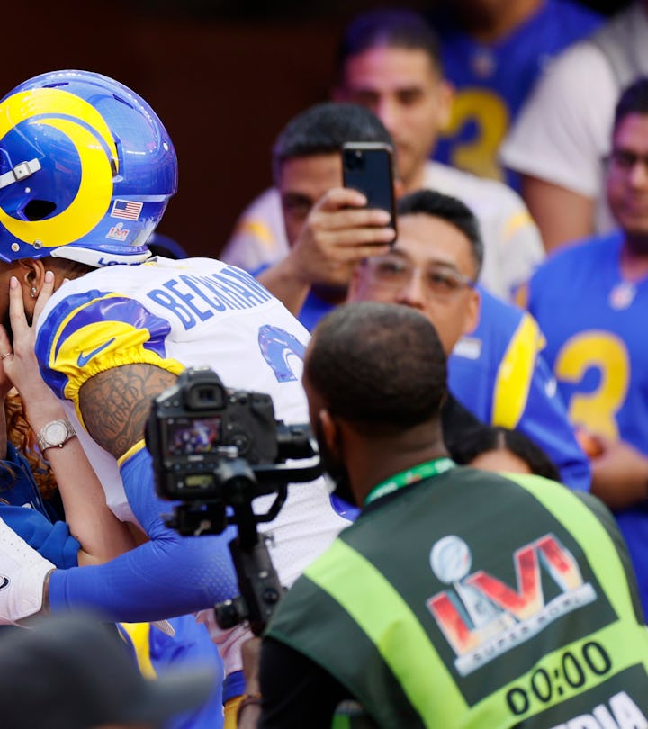 INGLEWOOD, CALIFORNIA - FEBRUARY 13: Odell Beckham Jr. #3 of the Los Angeles Rams reacts with his gi...