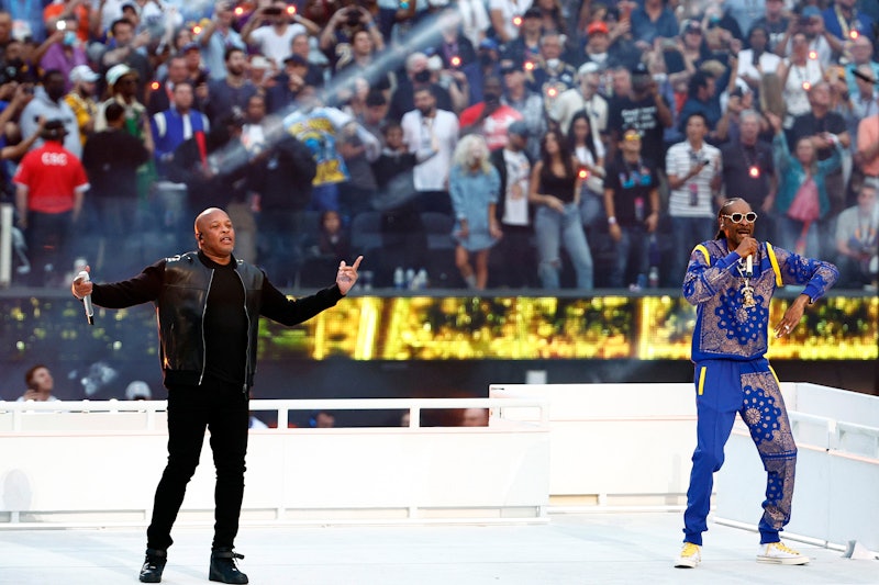 Dr. Dre and Snoop Dogg perform during the Pepsi Super Bowl LVI Halftime Show at SoFi Stadium on Febr...