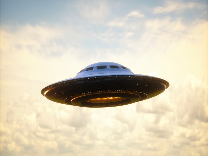 Illustration of an UFO (unidentified flying object) gravitating over mountain ranges.