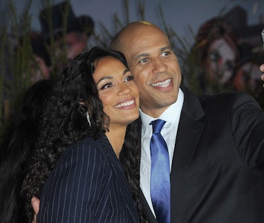 WESTWOOD, CA - OCTOBER 10:  Rosario Dawson and Cory Booker arrive for the Premiere Of Sony Pictures'...