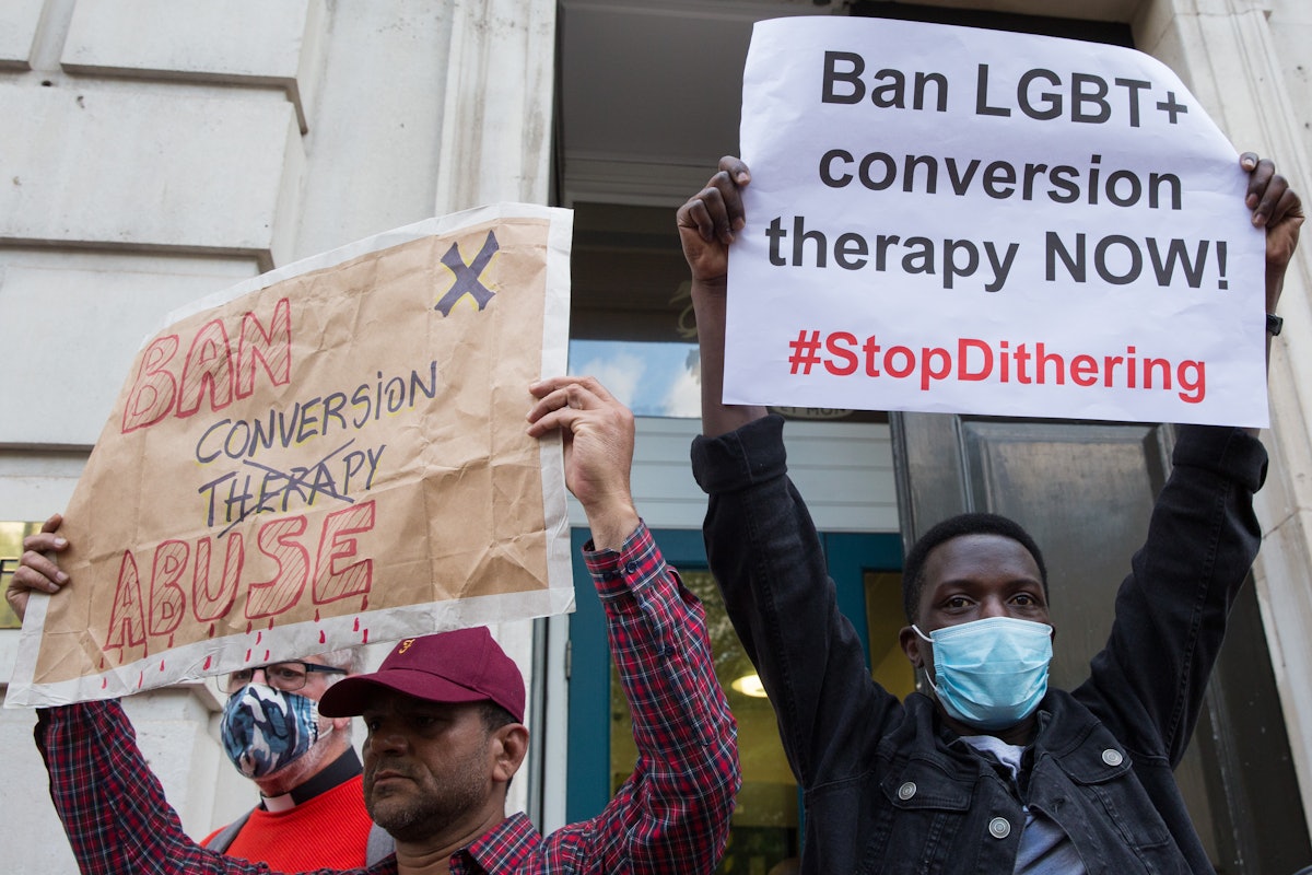 Campaigners against LGBT+ conversion therapy attend a picket outside the Cabinet Office and Governme...