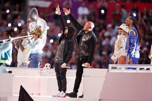 Eminem, Dr. Dre, Mary J. Blige, and Snoop Dogg during the Tupac tribute at The Super Bowl Halftime S...