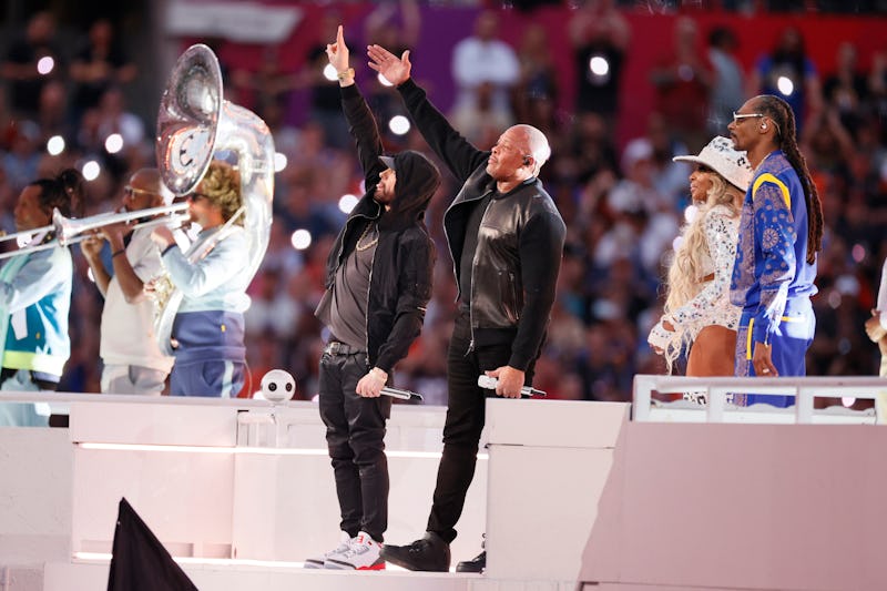 Eminem, Dr. Dre, Mary J. Blige, and Snoop Dogg during the Tupac tribute at The Super Bowl Halftime S...