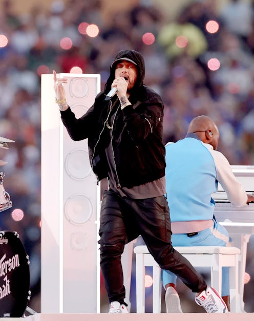 Eminem performs during the Pepsi Super Bowl LVI Halftime Show at SoFi Stadium on February 13, 2022 i...