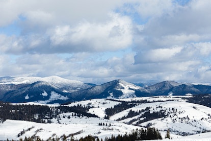 ZAKARPATTIA REGION, UKRAINE - FEBRUARY 12, 2022 - A view on a snow-covered mountain, Zakarpattia Reg...
