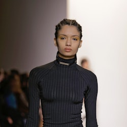 NEW YORK, NEW YORK - FEBRUARY 12: A model walks the runway during the Hardware LDN fall winter 2022-...