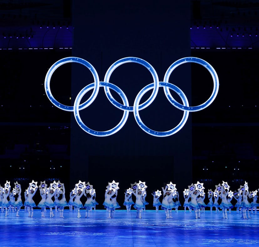 Placard bearers perform during the opening ceremony of the Beijing 2022 Olympic Winter Games at the ...