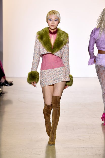 NEW YORK, NEW YORK - FEBRUARY 12: A model walks the runway at the Kim Shui show during New York Fas...