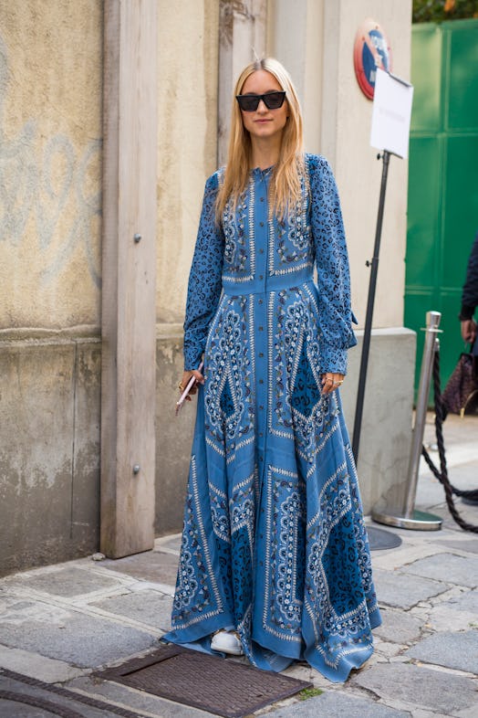 a blue printed maxi dress