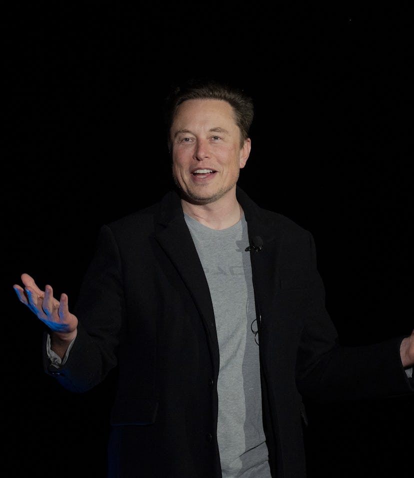 Elon Musk gestures as he speaks during a press conference at SpaceX's Starbase facility near Boca Ch...