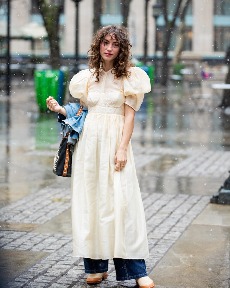 NEW YORK, NEW YORK - FEBRUARY 13: Katerina Tannenbaum seen wearing beige dress outside Ulla Johnson ...