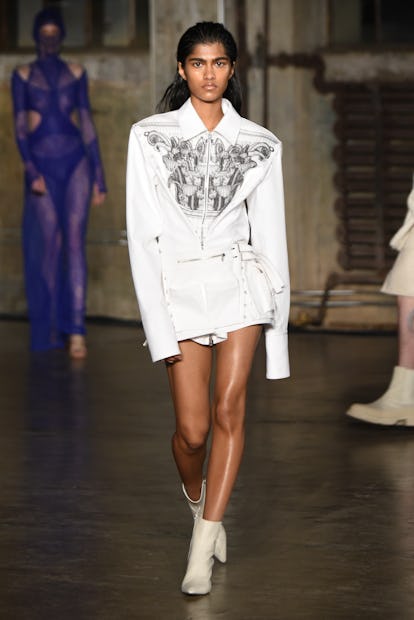 NEW YORK, NEW YORK - FEBRUARY 14: A model walks the runway at the Dion Lee show during New York Fash...