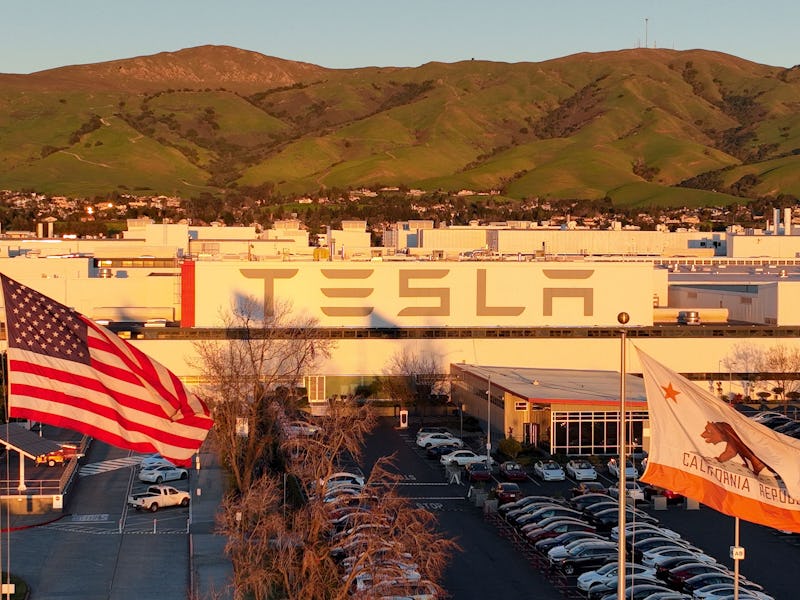 An aerial view shows the Tesla Fremont Factory in Fremont, California on February 10, 2022. - Tesla ...