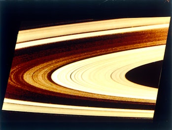 Saturn's rings, range 717,000 km, seen from Voyager 1 spacecraft. Artist NASA. (Photo by Heritage Sp...