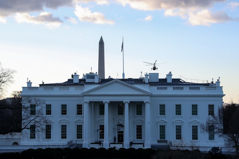 WASHINGTON, DC - JANUARY 20: Marine One carrying President Donald Trump and first lady Melania Trump...