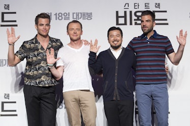 SEOUL, SOUTH KOREA - AUGUST 16: Actor Chris Pine (L) , Simon Pegg (2nd L), Zachary Quinto (R) and Di...
