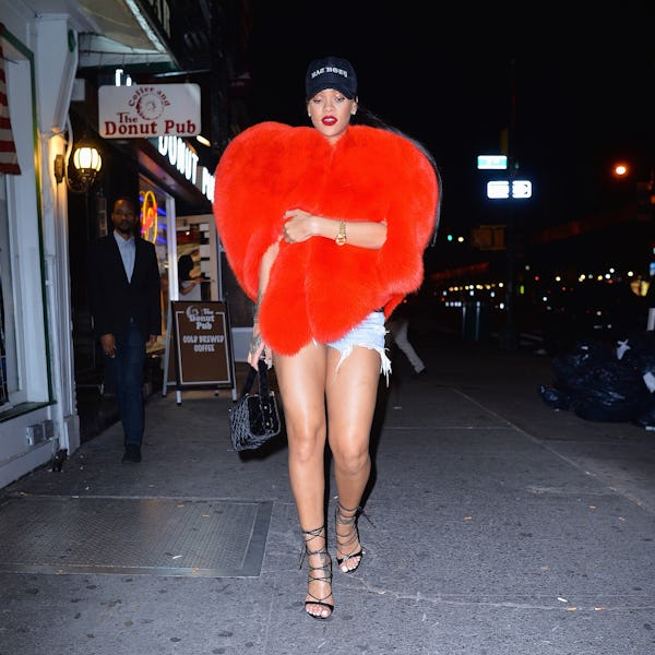 Rihanna wearing Saint Laurent's heart-shaped coat in New York City in September 2016.  