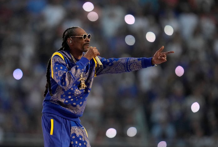 Inglewood, CA - February 13:  Snoop Dogg performs during halftime of the NFL Super Bowl LVI football...