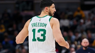 INDIANAPOLIS, INDIANA - JANUARY 12: Enes Freedom #13 of the Boston Celtics looks on in the fourth qu...