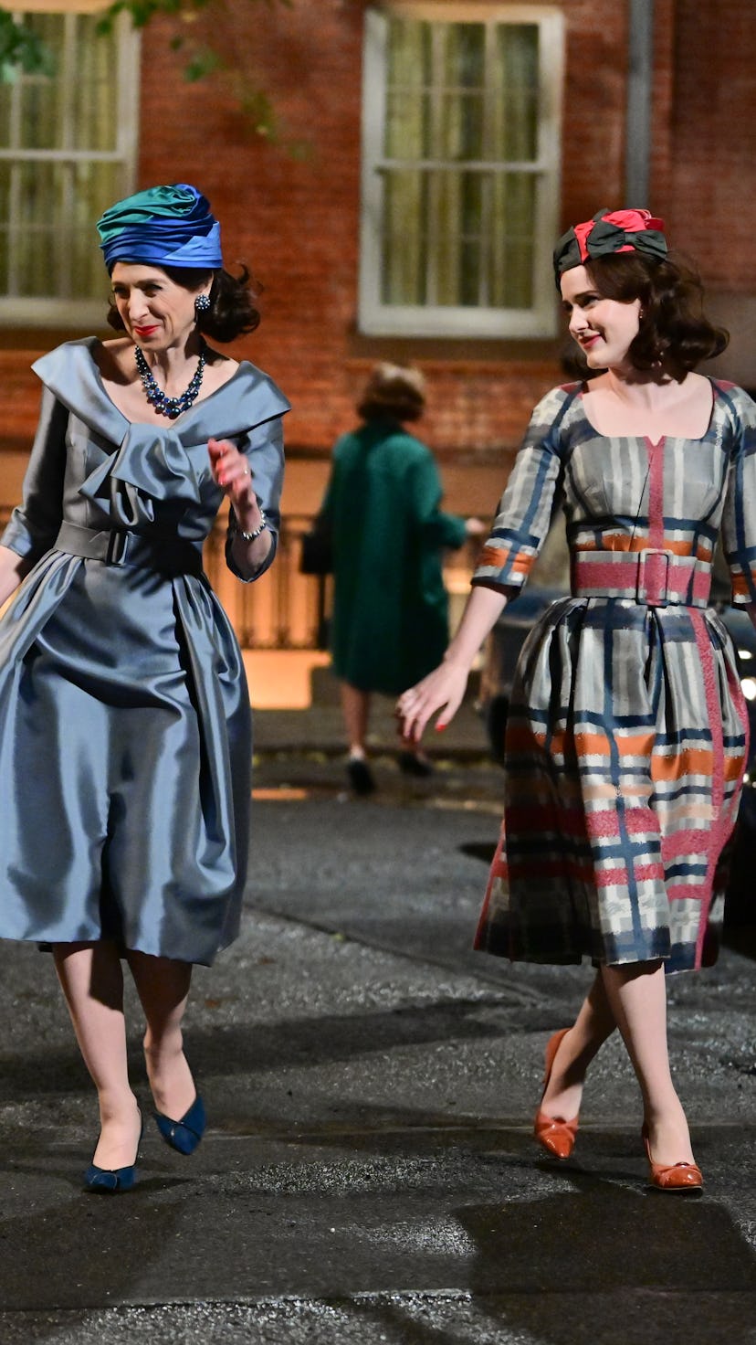 Marin Hinkle and Rachel Brosnahan seen on the set of 'The Marvelous Mrs. Maisel' in  on May 27, 2021...