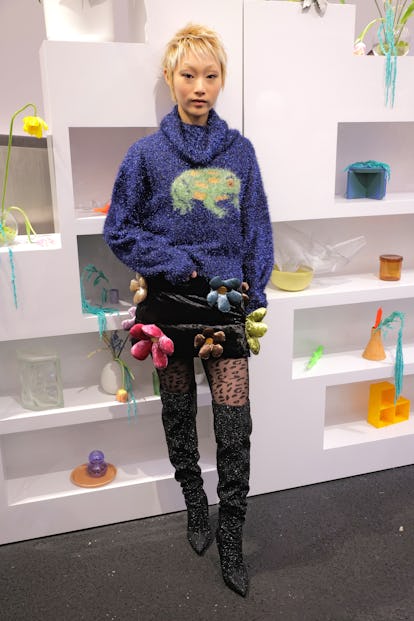 NEW YORK, NEW YORK - FEBRUARY 15: A model poses during Colin LoCascio's February 2022 NYFW Presenta...