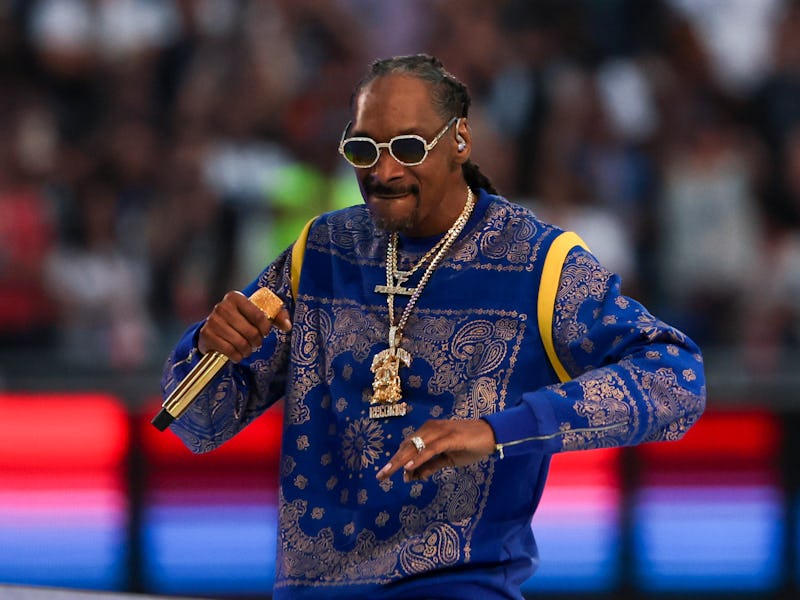 Inglewood, CA - February 12: Snoop Dogg performs during halftime of Super Bowl LVI at SoFi Stadium o...
