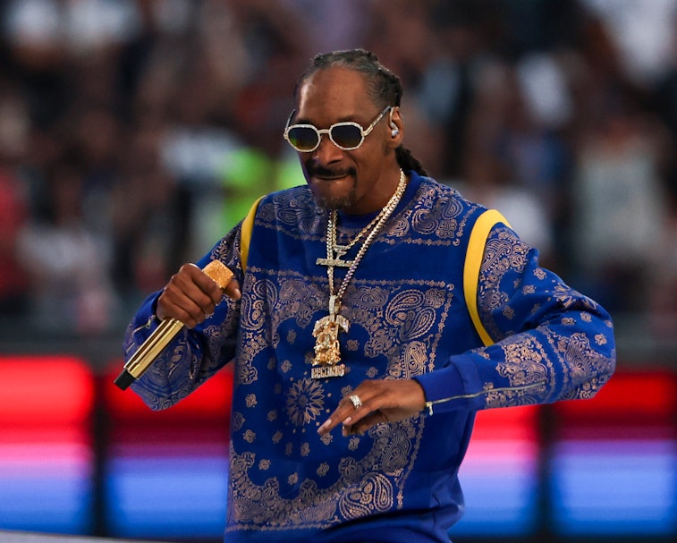 Inglewood, CA - February 12: Snoop Dogg performs during halftime of Super Bowl LVI at SoFi Stadium o...