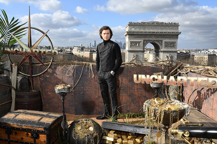 PARIS, FRANCE - FEBRUARY 11: Tom Holland attends the "Uncharted" photocall at cinema Publicis Champs...