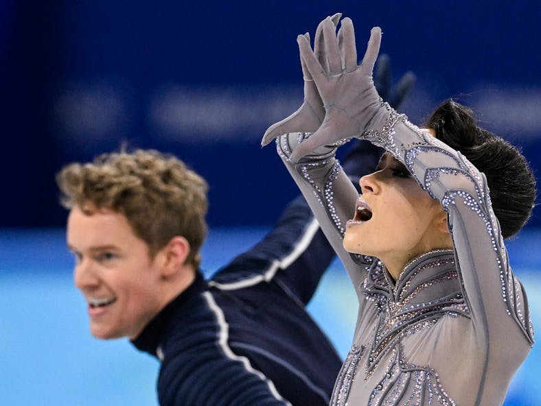 USA's Madison Chock and USA's Evan Bates compete in the ice dance free dance of the figure skating e...