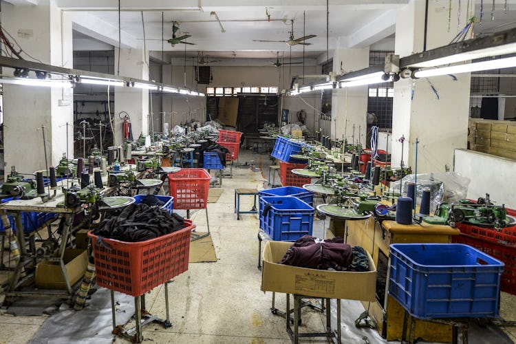 In this photo taken on April 7, 2020, a general view shows an empty garment factory during a governm...