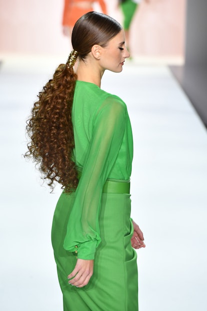 NEW YORK, NEW YORK - FEBRUARY 13: A model walks the runway for Sergio Hudson during New York Fashion...