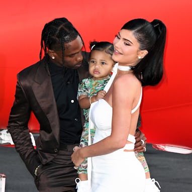 SANTA MONICA, CALIFORNIA - AUGUST 27: (L-R) Travis Scott, Stormi Webster, and Kylie Jenner attend th...