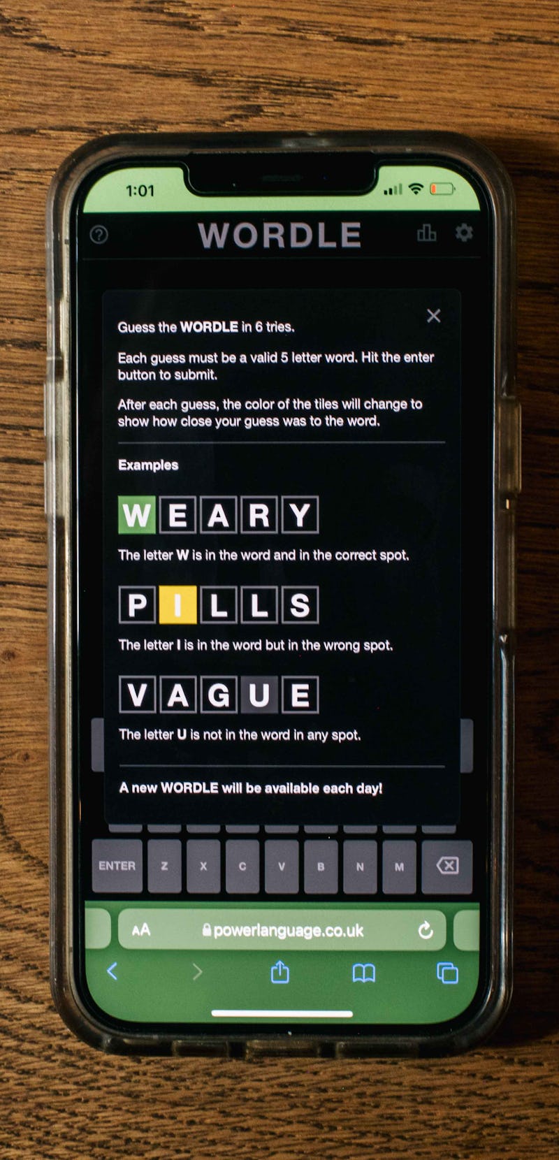 In this photo illustration, the word game Wordle is shown on a mobile phone on January 12, 2022 in H...